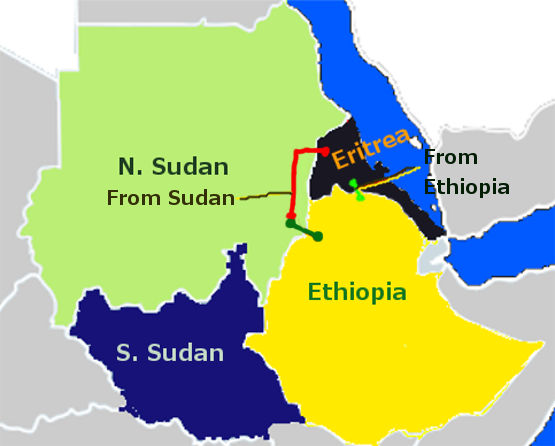 Map showing the distance for Eritrea to buy electricity from Ethiopia or from Sudan 