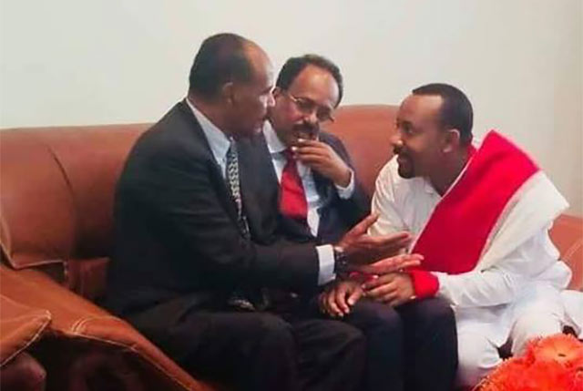 Ethiopian Prime Minister, Abiy Ahmed sitting with Isaias Afwerki and Somalia president