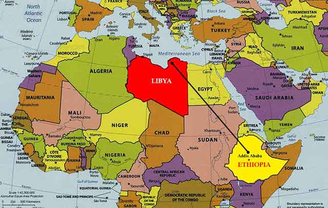 Map of Libya showing location in Africa and distance from Ethiopia