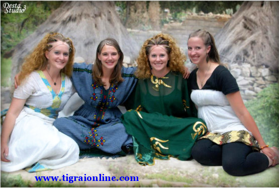 Beautiful white women in traditional Tigrai northern Ethiopian hairdo and dresses